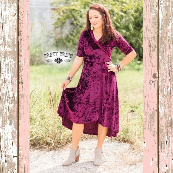 Crazy Train The Val Dress Crushed Red Wine Velvet - Picture 2 of 5